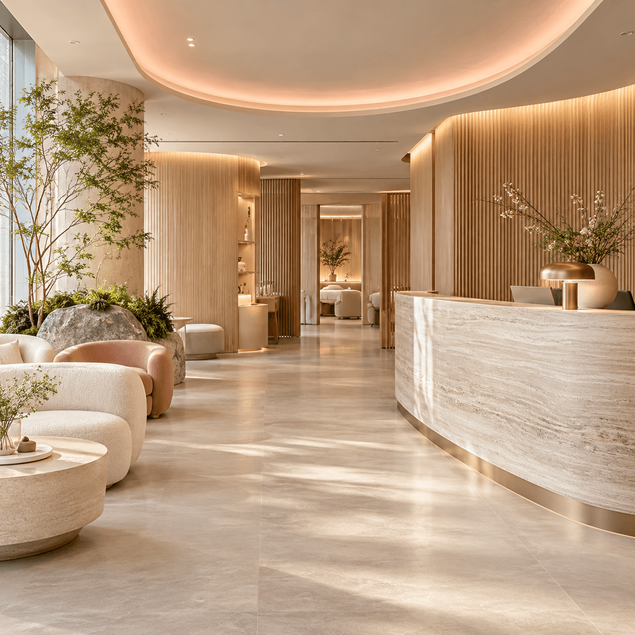 A concept K-beauty salon interior with soft coral accents and a warm, welcoming atmosphere